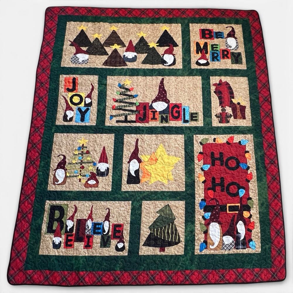 Christmas Gnome Patchwork Quilt Coverlet 92x78 Handmade Folk Art Bedspread